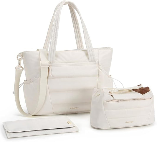 mommore Diaper Bag Tote with Stroller Organizer Puffer Bag Large Capacity Baby Bag with Changing Pad for Travel, Hospital