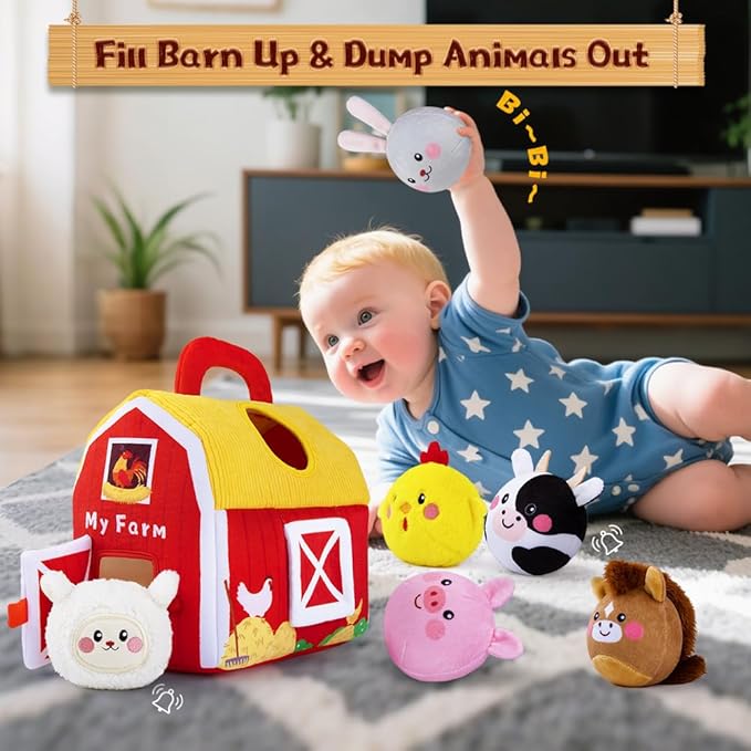 teytoy Baby Toys for Newborn 6-12 Months, Soft Barn with 6 Stuffed Farm Animals Playset for Toddlers Boys Girls 1-3 Years Baby Sensory Toys Birthday Easter Basket Stuffers Christmas Gifts