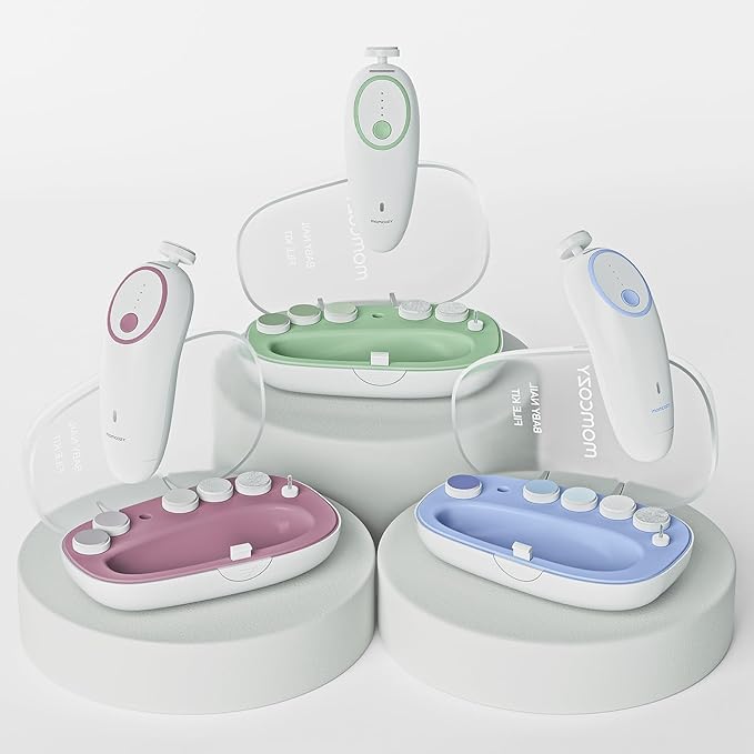 Momcozy Baby Nail File Electric, Gentle Baby Nail Trimmer Electric, Baby Nail Clipper with Night Light, 7 Grinding Head Replacement Pads, Blue