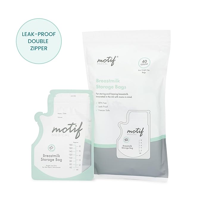 Motif Medical Breastmilk Storage Bags - Breastmilk Freezer Bags w/Easy Pour Spout, Write-On Label - Leak-Proof Double Zipper Milk Bags for Breastmilk - Breastfeeding Mom Gifts (6 oz, 100 Count)
