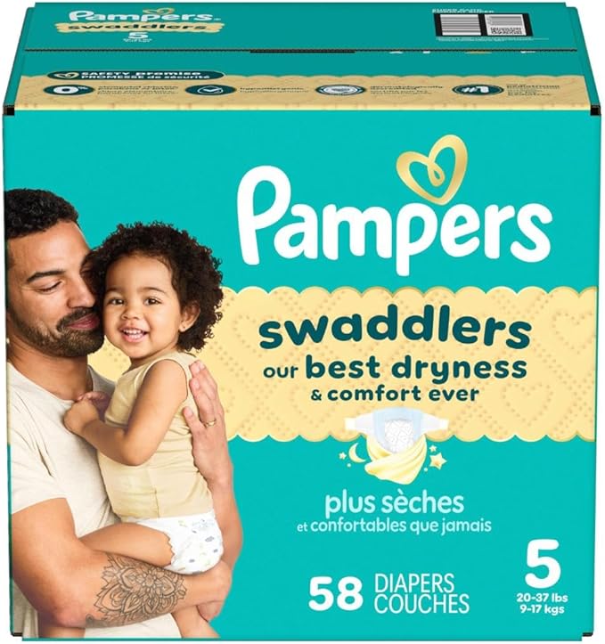 Pampers Swaddlers Diapers, Size 5 (20-37 lbs), 58 Count, Absorbent, Keeps Baby Dry and Comfortable, Skin Safe Disposable Baby Diaper (Packaging May Vary)