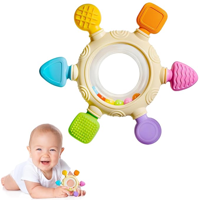 Hooku Silicone Teethers for Babies 6-12 Months, Teething Toys for Babies 0-6 Months, Baby Rattles Teethering Rings, BPA Free Baby Chew Toys, Gifts for Babies