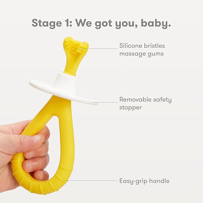 Frida Baby Grow-with-Me Training Toothbrush Set, Infant Baby Tooth brush & Toddler Toothbrush 6-18 Months, Soft Silicone Bristles, BPA-Free Oral Care for Sensitive Gums, Yellow