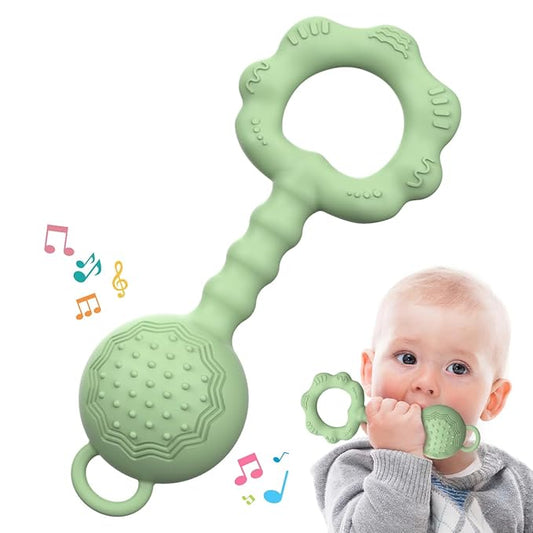 Teethers for Babies 6-12 Months, Baby Rattles 0-6 Months, 2-in-1 Rattle and Teether Toy for Soothing Sore Gums and Keeps Little Ones Entertained, Food Grade Silicone, Green