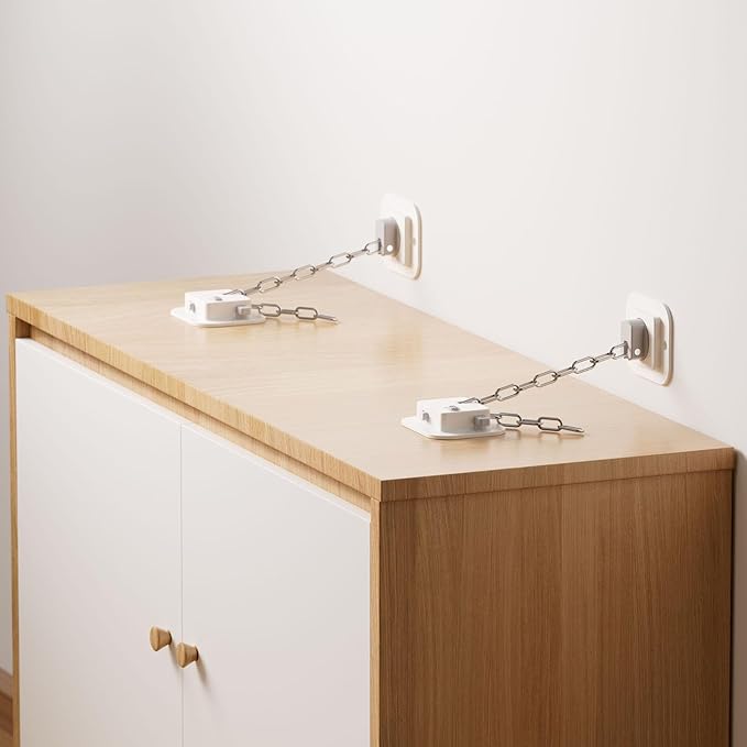 YEYA Upgraded Anti-Tip No Drill Furniture Anchor with Strong 3M Adhesive Backing 10" Adjustable Steel Cable Straps, Baby Proofing Wall Anchors for Child Safety, Playroom Essentials 4P