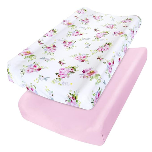 Changing Pad Cover for Girls 2 Pack, Lovely Print Soft Diaper Change Table Sheets, Fit 32"x16" Contoured Pad, Comfy Cozy 2-Pack Cradle Sheets,Floral