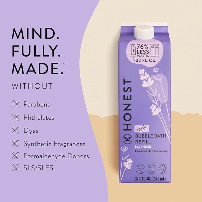 The Honest Company Foaming Bubble Bath Refill Carton, Gentle for Baby, Naturally Derived, Tear-Free, Hypoallergenic, Lavender Calm, 32 fl oz