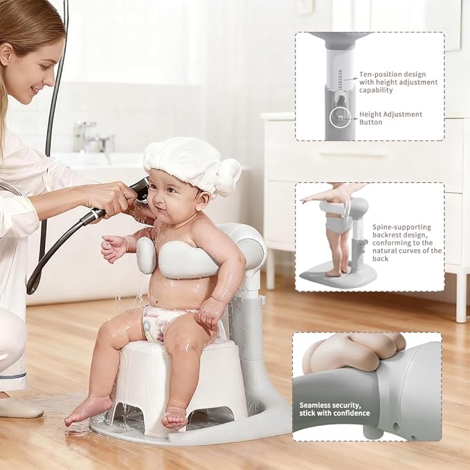 Baby Bath Stand, Baby Bath Assistant, Toddler Bath Support with Adjustable Height & Armrest, Portable Bath Rack with Anti-Slip Base, Safe Bath Helper for Infants 8-36 Months
