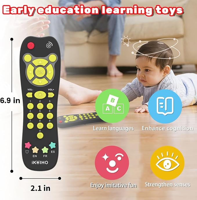Baby Remote Control Toy, Realistic Toddler TV Remote Toy with Light Sound Kid Learning Education Musical Toys with English French Spanish Infant Gift for Boys Girls 6M+ (Black)