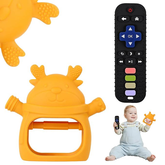 Teething Toys 3-18 Months Baby Teether Toy Toddler Remote Teether for Babies Silicone Hand Teether Mitten Control Remote Teething Glove Set, BPA Free