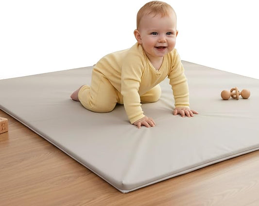 Baby Play Mat for Floor (50" x 50") Waterproof Vegan Leather - Easy to Clean w Removable Cover - Mat for Tummy Time - Padded Thick 1.5" Foam Support Non-Slip Bottom for Infant Kids and Toddler (Grey)