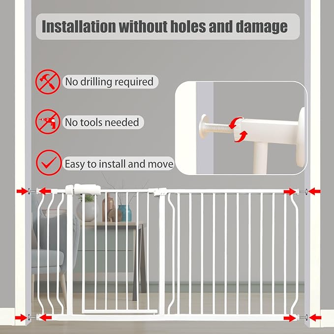 Walk Through Expandable Baby & Dog Gate 38.5-43.3 Inch for Kids & Pets, Tension Mounted Indoor Safety Gate for Large Openings - White Metal, 30 inches Tall