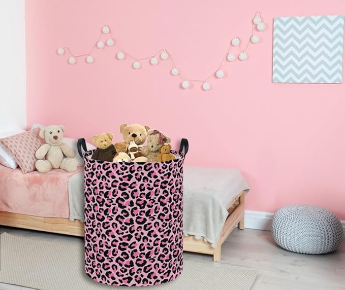 Essme Kids Laundry Basket,Pink Hamper Collapsible Canvas Waterproof Storage Bin for Girls, Leopard Print Hamper,Gift Baskets(Pink Leopard Print)