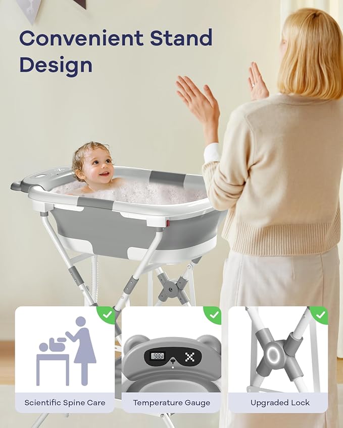 AVIDOR 2-in-1 Baby Bathtub with Stand for Newborn and Infants, Foldable Baby Bath Tub, Baby Shower Gifts for New Parents, Gray