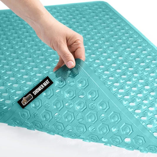 GORILLA GRIP Patented Bath Tub Shower Mat, Machine Washable Bathtub Floor Liner Mats, Suction Cups and Drain Holes to Keep Tubs Clean, Soft on Feet, Bathroom Essentials, 35x16 Inch, Clear Turquoise