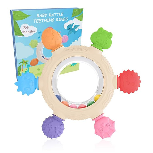 Baby Teething Ring Toys [Original] - Silicone Rattle Teethers for Babies, Dinosaur Baby Teether Chew Toys Teething Relief, Stuff Essentials and Gifts for Toddler Infant Boys Girls 3+ Months