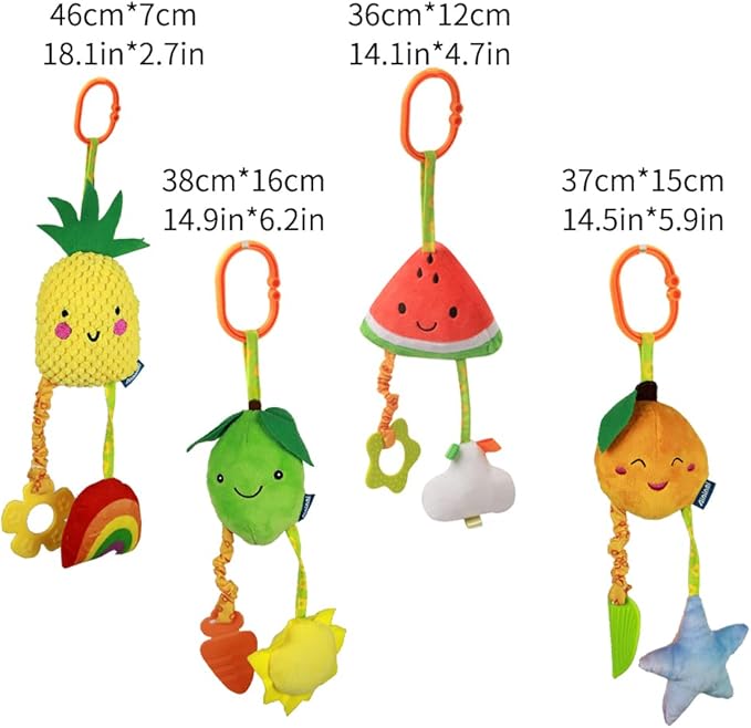 KAKIBLIN Baby Hanging Rattle Toys, 4 Pack Car Seat Stroller Toys Soft Squeaky Toy for Baby Newborn Infant Car Crib Travel Activity with Teether for Boys Girls, Toys for 0 3 6 9 12 Months, Fruits-A