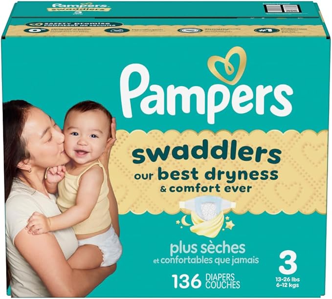 Pampers Swaddlers Diapers, Size 3 (13-26 lbs), 136 Count, Absorbent, Keeps Baby Dry and Comfortable, Skin Safe Disposable Baby Diaper (Packaging May Vary)