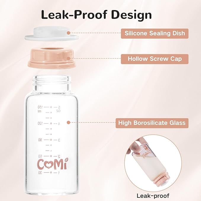 COMI Natural Glass Baby Bottle,Standard Neck Breastmilk Storage Bottle for Fridge,Breast Milk Container,Breast Pump Bottle Compatible with Medela Breast Pump,BPA Free,4PCS(5oz,4 Pink Lids)