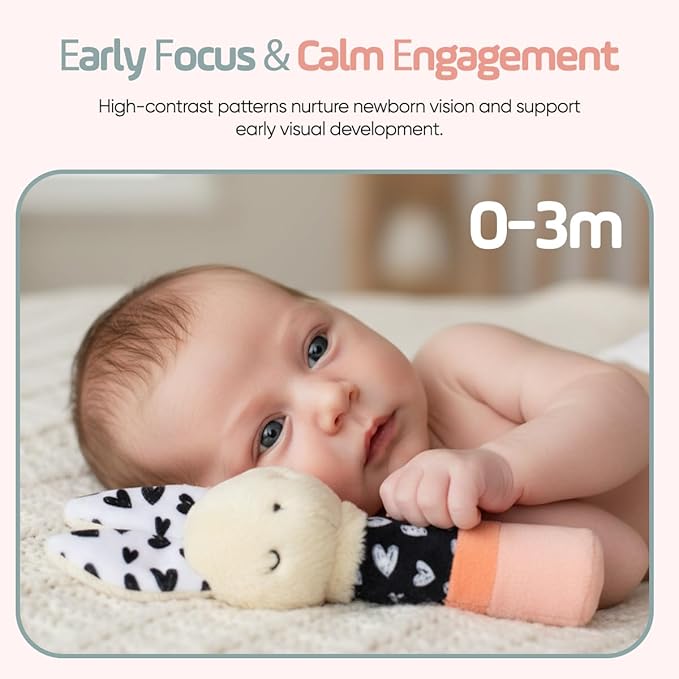 Bella Bunny Sensory Rattle Set – High Contrast Baby Toys for Newborns (0–6 Months), Soft Plush Bunny Rattle & Squeaker Gift Set for Tummy Time, Montessori & Soft Play Development