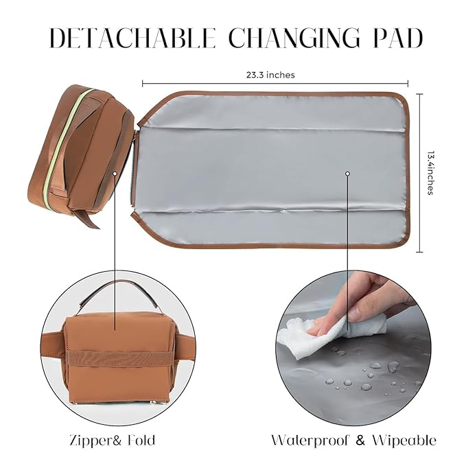 printe Small Diaper Bag with Portable Changing Pad, Crossbody Women Waist Bag with Wipes Pocket for Travel, Stroller Diaper Fanny Pack, Brown