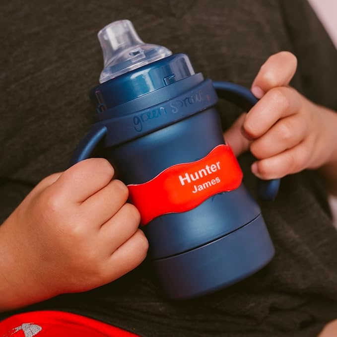 InchBug Orbit Labels Baby Bottle and Water Bottle Silicone Name Bands – Personalized Reusable Label Set for Daycare, Sippy Cups, Preschool, Elementary School, Dishwasher Safe, 4-Pack (Nautical Navy)