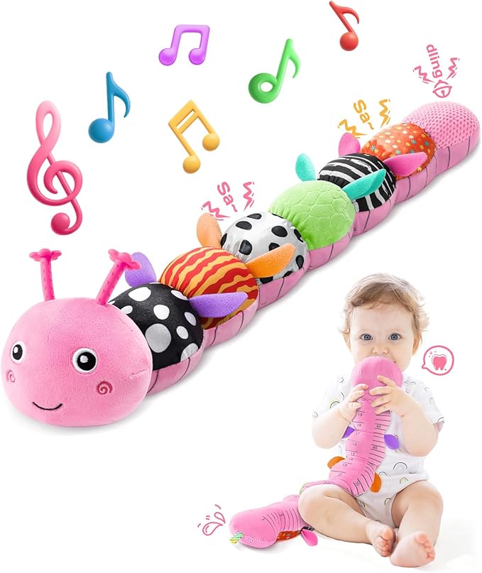AWOTOY Baby Toys 6-12 Months Music Caterpillar,Stuffed Animals Infant Toys 0-3-6 Months,Baby Sensory Toys Tummy Time with Crinkle Rattle Teething Toys for Newborn Boys Girls Gifts Birthday|Rose Pink