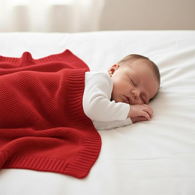 Grewear Baby Knit Blanket Soft Cotton Lightweight Newborn Blanket for Crib Stroller Toddler Nursery Shower Gift Cozy Breathable Travel Swaddle Wrap Red 30 x 30 Inches