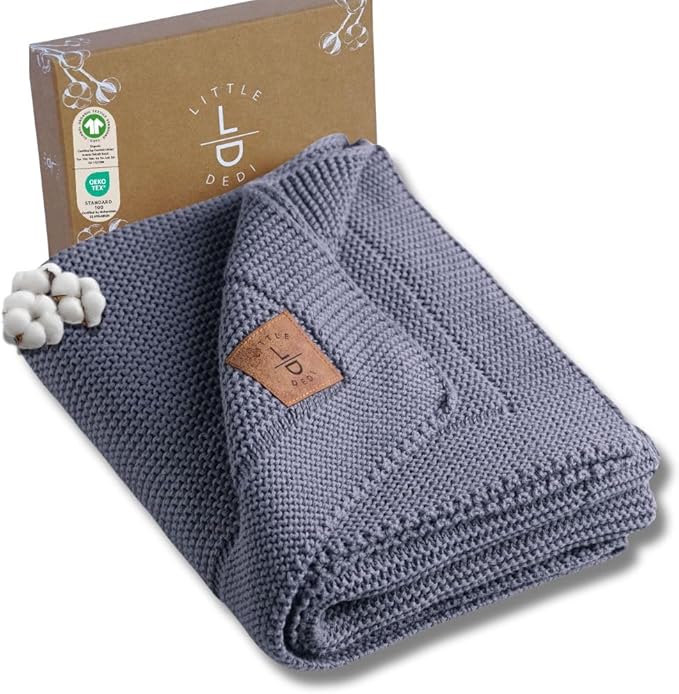 Little Dedi 100% Organic Cotton GOTS Certified Baby Knitted Blanket with Gift Box - Soft Toddler, Crib, Stroller Blanket - Neutral Swaddle and Receiving Blanket for Newborns, 30"x40", Grey Blue