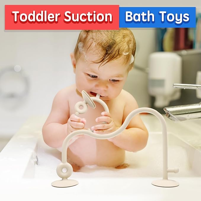 Baby Sensory High Chair Suction Toys for Infant Toddlers 12 18 Months, Food Grade Silicone String with Oak Loop Montessori Educational Parent-Child Baby Bath Toy Gift for Birthday Christmas (Beige)