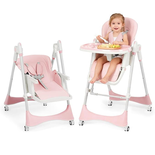 6-in-1 Baby High Chair with Soothing Rocker | Baby High Chair for Infants & Toddlers | Easy Clean, Space Saving Design | Adjustable, Removable Tray, Easy Assembly (Pink)