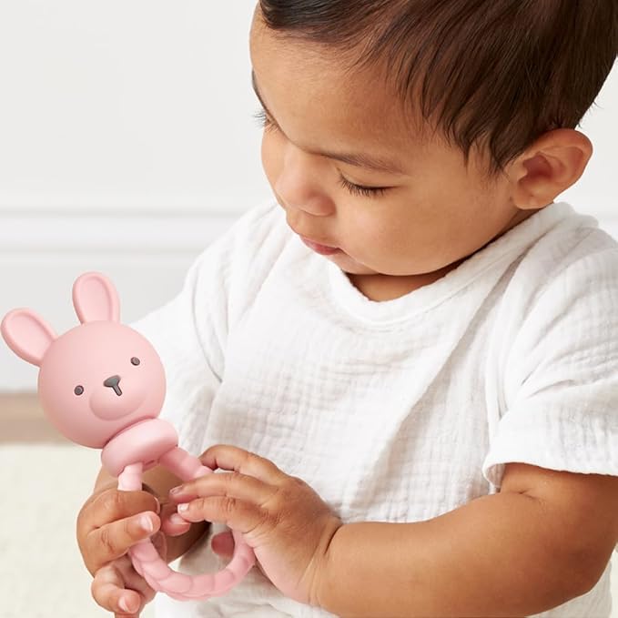 Itzy Ritzy Silicone Rattle Toy – Soothing Teething Toy with Soft Jingle Sound & Easy-Grip Textured Handle - for Ages 3 Months and Up (Bunny)