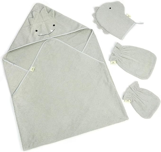SILI FACTORY Hooded Baby Towels, 100% Cotton, Ultra-Soft & Absorbent Baby Bath Towels with Bath Mitt, Baby Bath Towels for Newborn, Infant, Toddler and Kids,4 Piece,39"x 39", (Dinosaur-Grey)