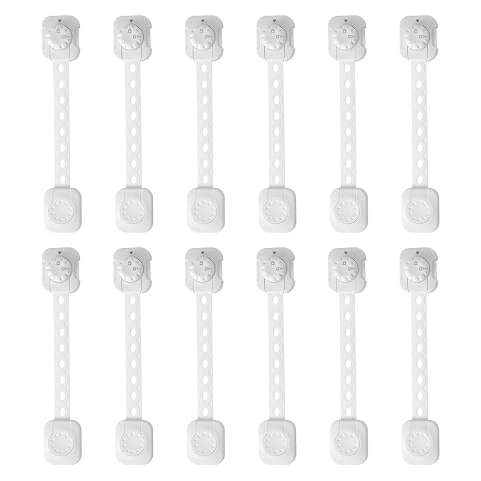 Fursafe&Q Child Safety Cabinet Proofing, Baby Cabinet Locks Adhesive Adjustable Child Safety Strap Locks Drawer Fridge Ovens Toilet Latches No Screws for Furniture Kitchen White 12 Pack