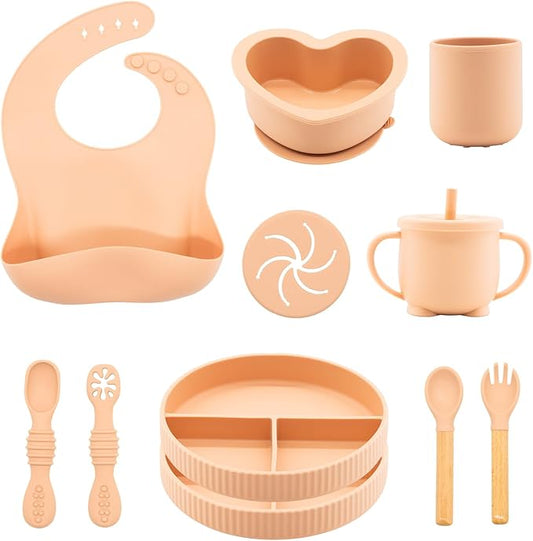 CHCC Silicone Baby Feeding Set 11 Pcs, Baby Led Weaning Supplies, Baby Feeding Supplies Set BPA Free, Baby Essentials for Newborn Gift Pink