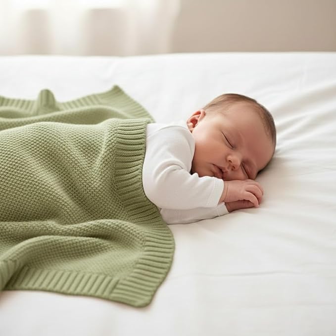 Grewear Baby Knit Blanket Soft Cotton Lightweight Newborn Blanket for Crib Stroller Toddler Nursery Shower Gift Cozy Breathable Travel Swaddle Wrap Sage Green 30 x 30 Inches