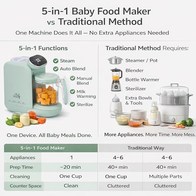 Chefhandy Baby Food Maker with Stainless Steel Steam Basket, One Step 5-in-1 Baby Food Processor Steamer Blender & Steam Cleaning, Auto Cooking, Puree & Baby Warmer with 6 Food Pouches, BPA-Free,Green