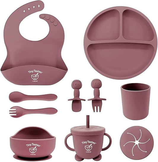 Tiny Tastes 10-Piece Silicone Baby Feeding Set – BPA-Free, Spill-Proof Suction Plate, Bowl, Bib, Snack Cup & Utensils | Dishwasher Safe, Baby Gift Ready (Dark Pink)