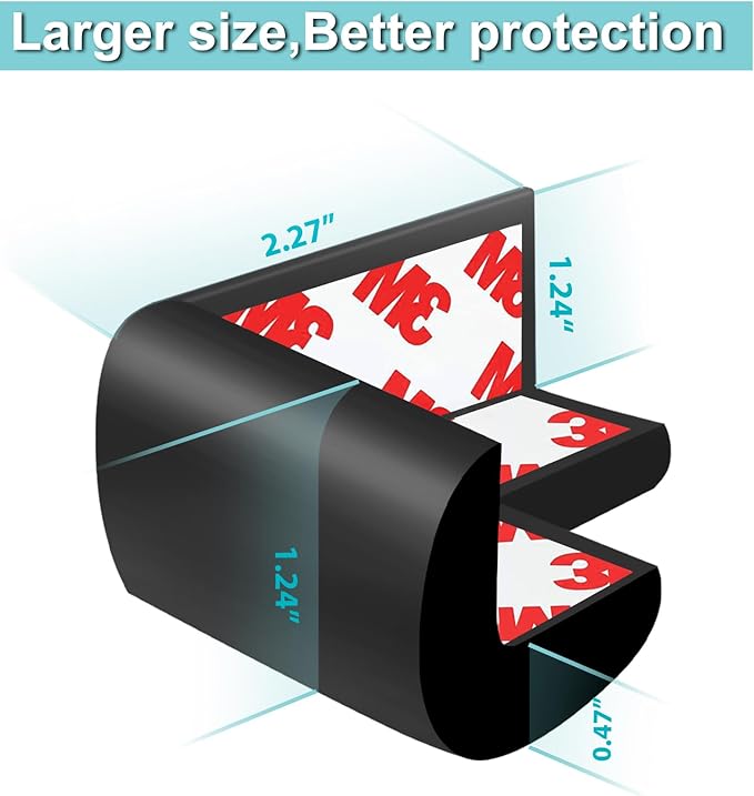 12 Pack Soft Corner Protector Baby Proofing Edge and Corner Guards, Safety Pre-Taped Rubber Foam Furniture Bumper for Fireplace, Table, Stair, Cabinet (Black)
