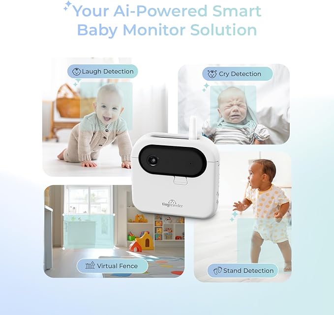 Tiny Traveler Ai Smart Wireless Baby Car Monitor with Power Bank - AI-Powered Safety Alerts: Cry/Laugh/Stand Detection, Virtual Fence, Long Range 1000ft Night Vision Lullabies Night Light - White