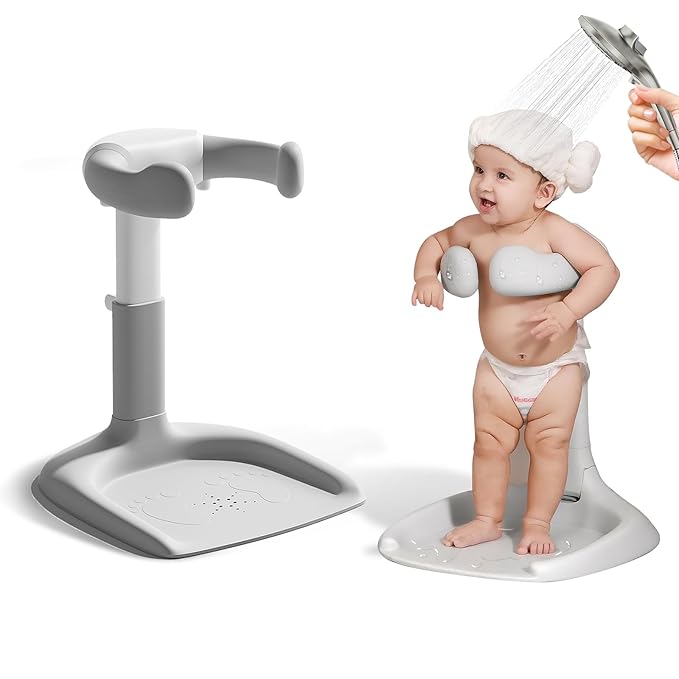 Baby Shower Stand, Toddler Bath Standing Support with Anti-Slip Base and Shower Holder, Adjustable Height, Soporte para Bañera de Bebé, Ideal Gift for Infants 6-36 Months-Grey