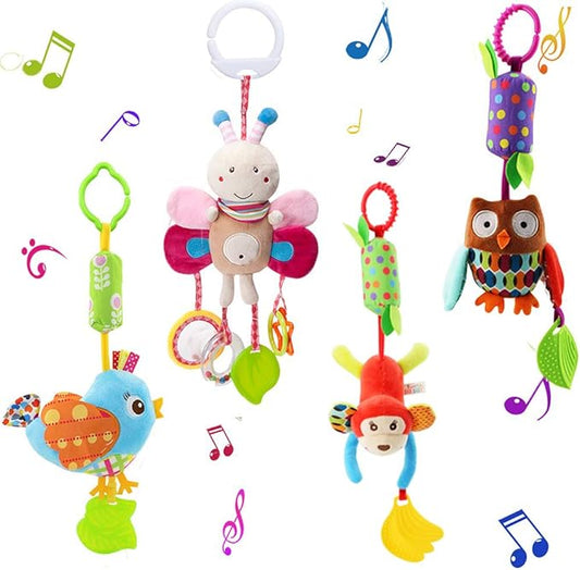 Sealive 4 Piece Baby Stroller Sensory Musical Toys, Soft Rattles Hanging Plush Activity Crib Car Seat Toys for Babies Boy Girl
