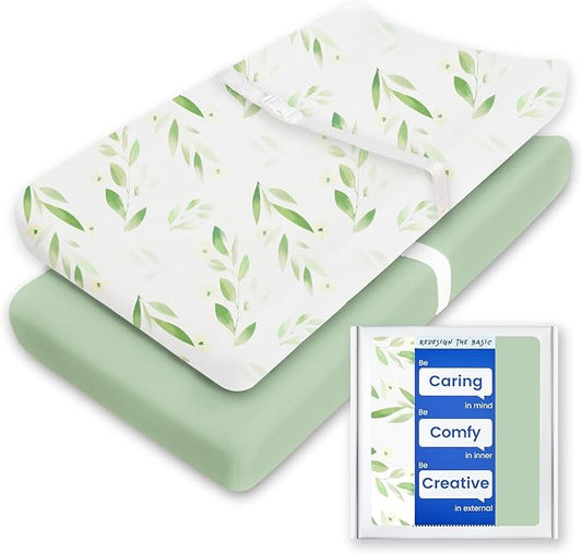 Changing Pad Cover for Girls Boys, TotBasic Premium Soft Boho Changing Table Covers, Stretchy Jersey Changing Table Sheets - Fits All Standard Changing Tables - 2 Pack (Sage Green&Botanical Leaf)