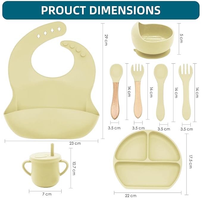 Dormlony 100% Silicone Baby Feeding Set,BPA Free Baby Dishes Set with Suction Bowl Divided Plate,Toddler Self Feeding Dish Set with Spoons Forks Sippy Cup and Bib, Baby Eating Utensils (Yellow)