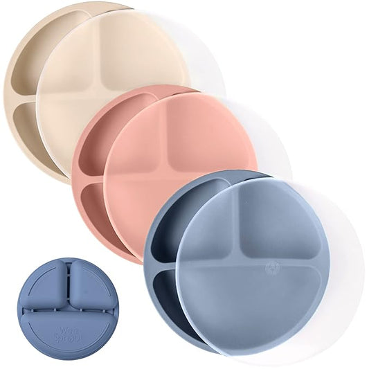 WeeSprout Silicone Plates with Lids for Babies & Toddlers (3 Pack) 100% Food-Grade Dishes for Self Feeding, Divided Design & Raised Edges for Picky Eaters, Dishwasher & Microwave Safe Weaning Supplies