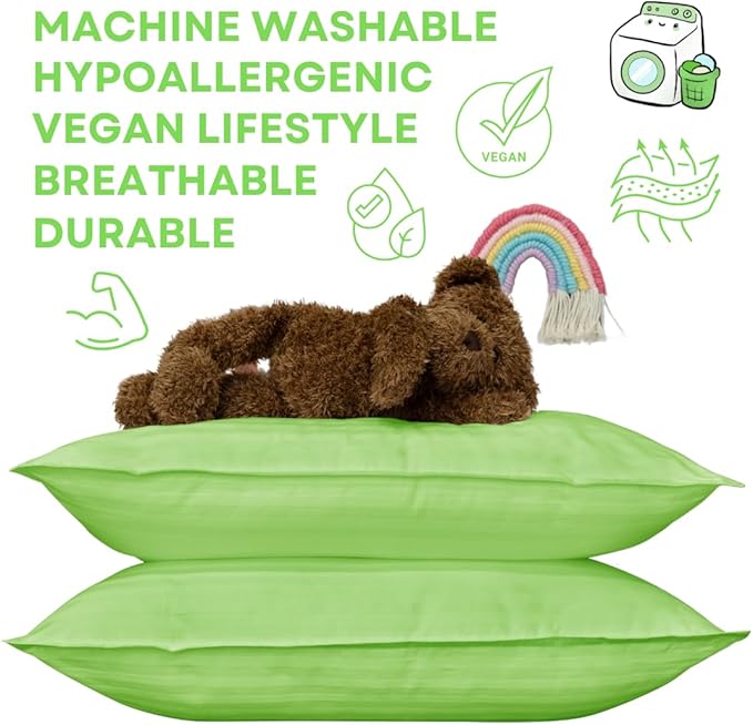 kinder Fluff Pre-Teen Pillows (2-Pack) 17x26in – Pillows for Kids Age 12+, 100% Cotton Sateen Stripes 300T, Down Alternative Fill, Machine Washable – Travel Cushions – Green – XL