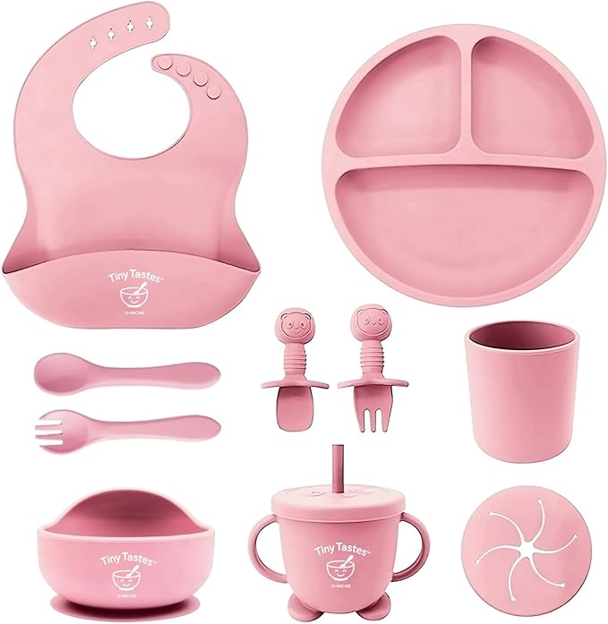 Tiny Tastes 10-Piece Silicone Baby Feeding Set – BPA-Free, Spill-Proof Suction Plate, Bowl, Bib, Snack Cup & Utensils | Dishwasher Safe, Baby Gift Ready (Light Pink)