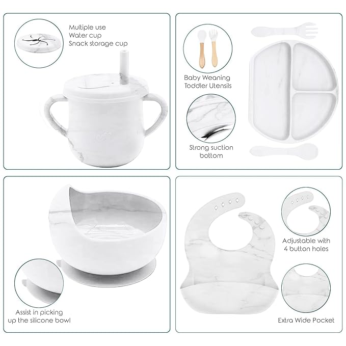 Dormlony 9pc BPA Free Silicone Baby Feeding Set - White: Suction Bowl, Divided Plate, Sippy Cup, Bib, Spoons, Forks - Baby Eating Utensils