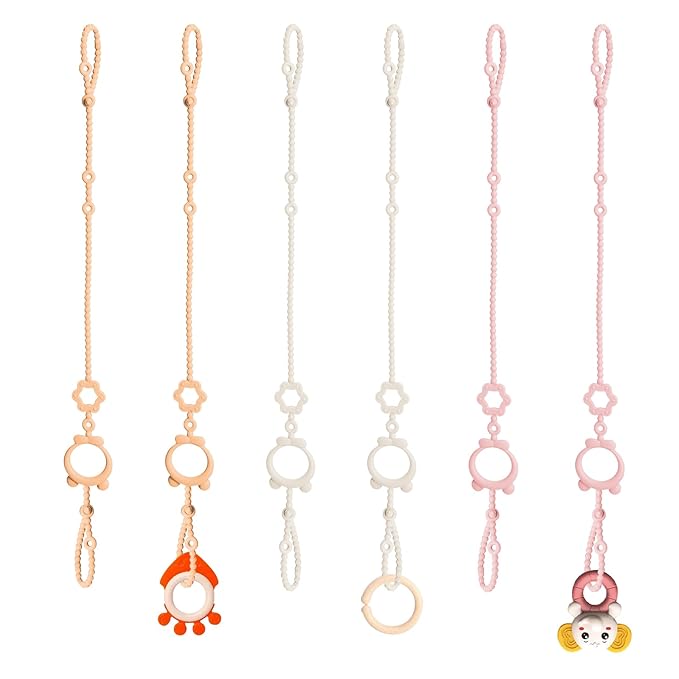 Toy Straps for Baby, 6pcs Adjustable Toy Holder for Stroller Accessories, Silicone Baby Tether Pacifier Clip, No Throw Baby Travel Essential Leash for High Chair, Car Seat, Baby Toy Clips