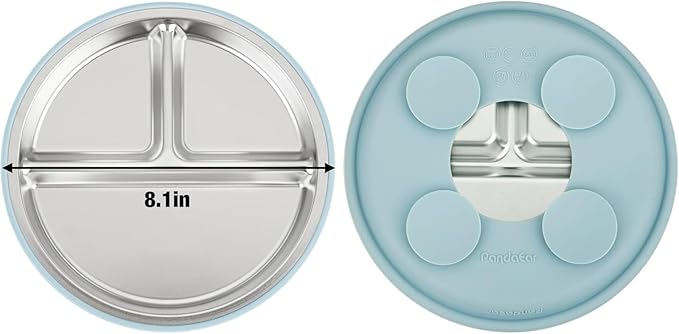 PandaEar 6-in-1 Stainless Steel Baby Feeding Set | Divided Suction Plate, Bowl, Sippy Cup with Straw, Bib, Spoon & Fork | BPA-Free Toddler Feeding Essentials for Self-Feeding (Blue)